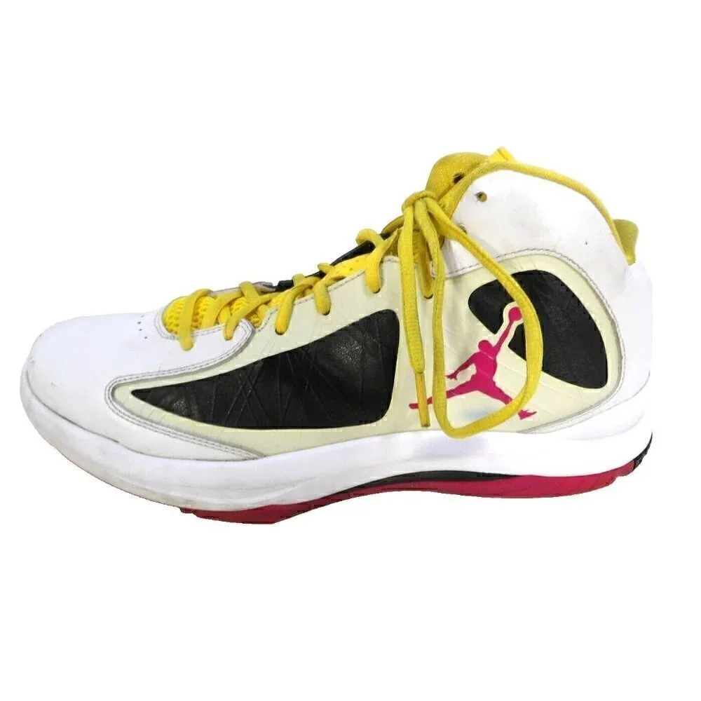 JORDAN Flywire white, red & yellow high top leather sneakers men's size 12